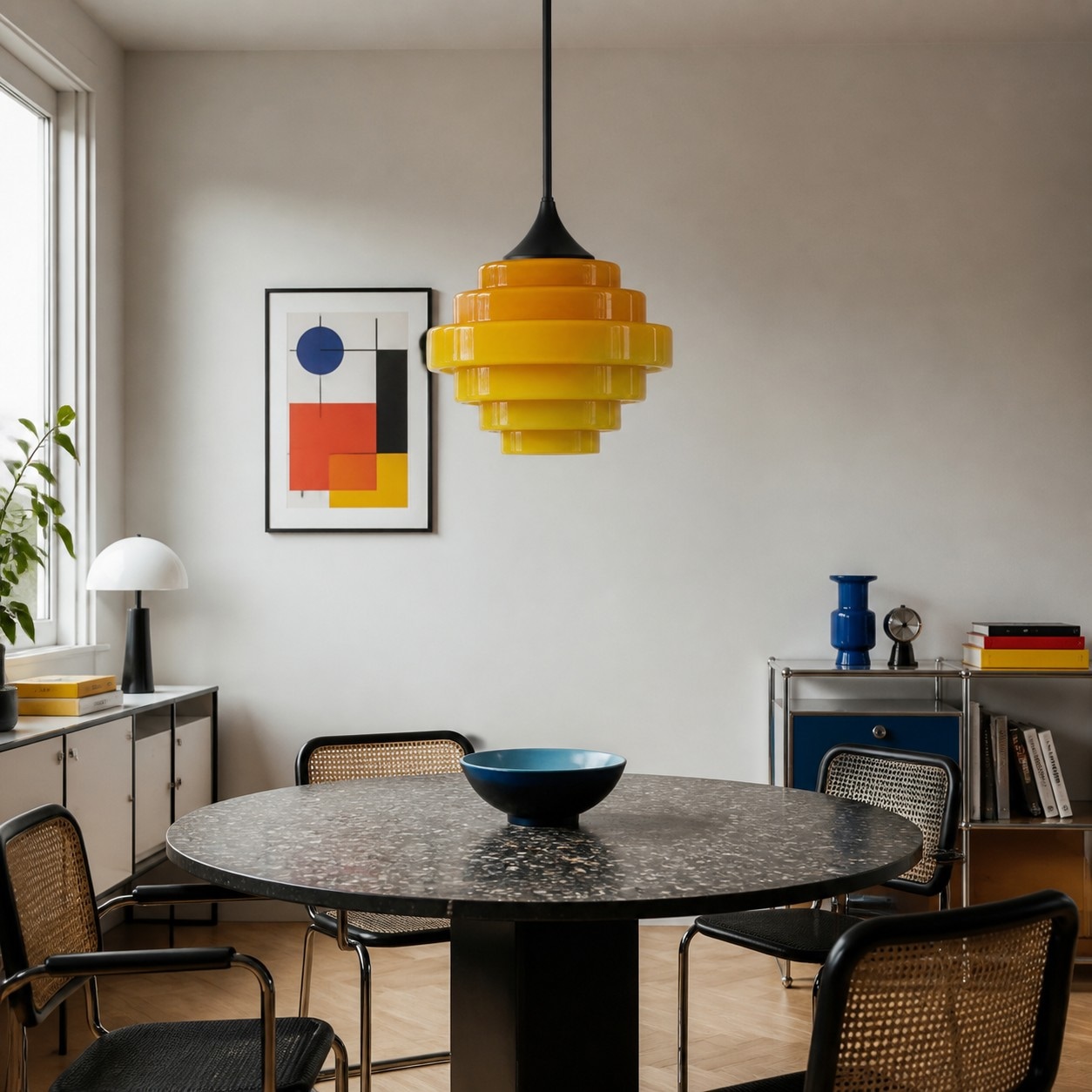 Lámpara colgante de cristal amarillo Sanenos sobre una mesa de comedor
