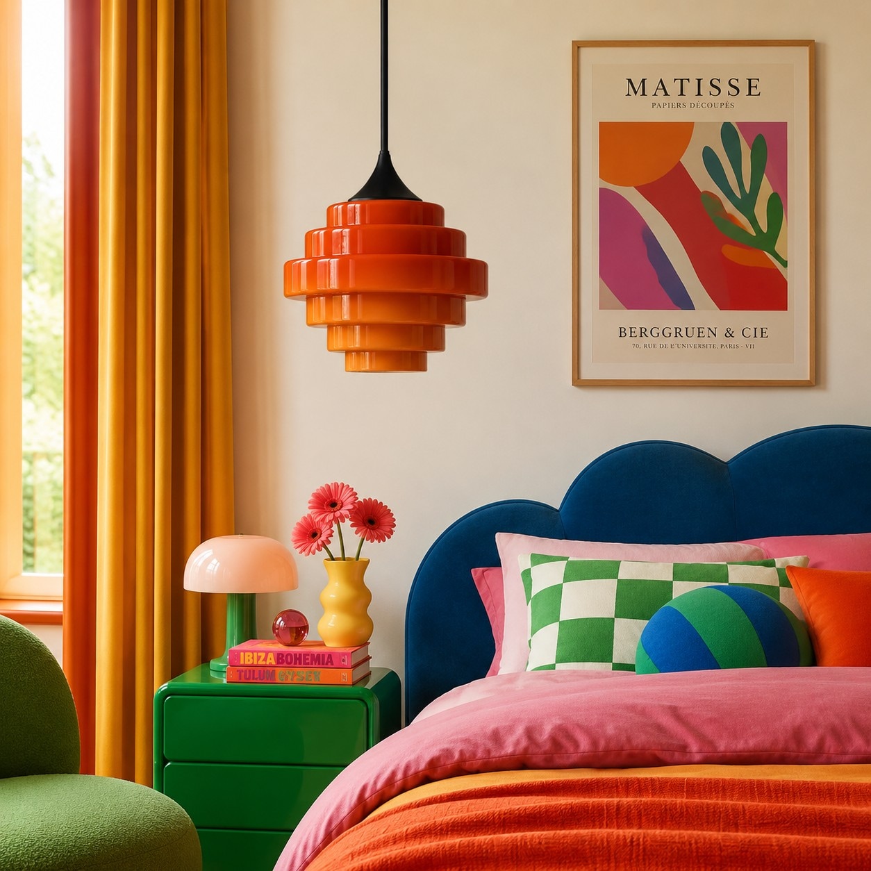 Lámpara colgante de cristal Sanenos naranja en un dormitorio de estilo retro.